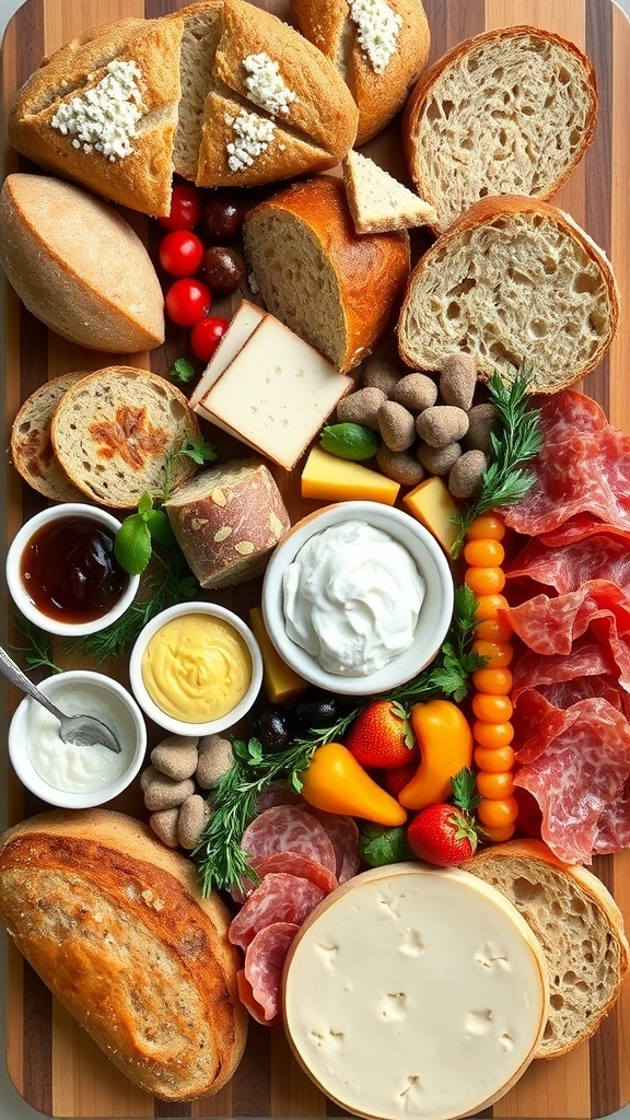 An artisan bread board with assorted breads, cheeses, spreads, and garnishes, ideal for gatherings.